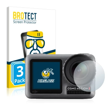 Face avant d’un emballage produit avec le logo de la marque BROTECT. À côté, l’appareil DJI Osmo Action (Lentille) est représe