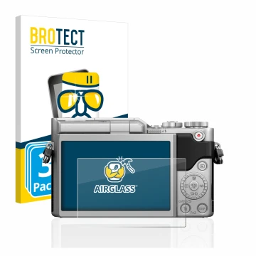 Face avant d’un emballage produit avec le logo de la marque BROTECT. À côté, l’appareil Panasonic Lumix DC-GX880 est représent