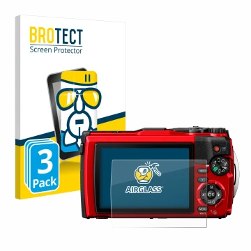 Face avant d’un emballage produit avec le logo de la marque BROTECT. À côté, l’appareil Olympus Tough TG-6 est représenté avec