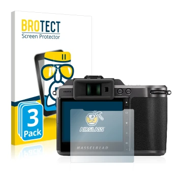 Face avant d’un emballage produit avec le logo de la marque BROTECT. À côté, l’appareil Hasselblad X1D II 50C est représenté a