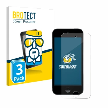 Face avant d’un emballage produit avec le logo de la marque BROTECT. À côté, l’appareil Apple iPod Touch (7ème Gen.) est repré