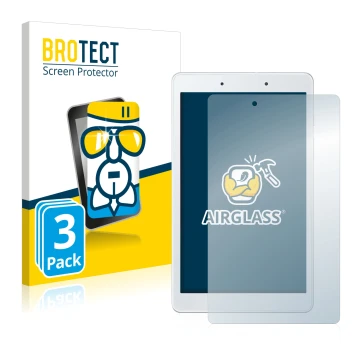 Face avant d’un emballage produit avec le logo de la marque BROTECT. À côté, l’appareil Samsung Galaxy Tab A 8.0 WiFi 2019 est