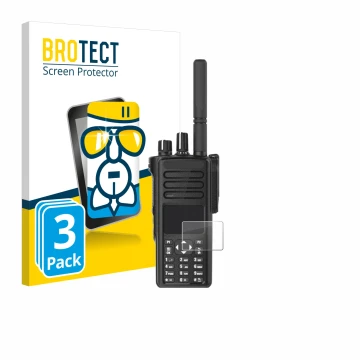 Face avant d’un emballage produit avec le logo de la marque BROTECT. À côté, l’appareil Motorola DP4801e est représenté avec l