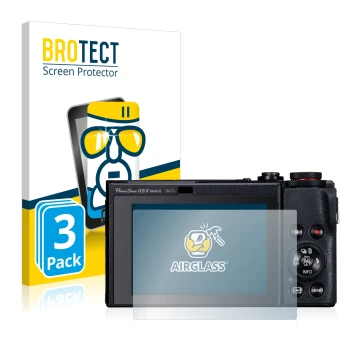 Face avant d’un emballage produit avec le logo de la marque BROTECT. À côté, l’appareil Canon PowerShot G5 X Mark II est repré