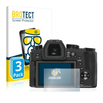 Face avant d’un emballage produit avec le logo de la marque BROTECT. À côté, l’appareil Leica V-LUX 5 est représenté avec la p