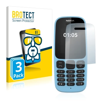 Face avant d’un emballage produit avec le logo de la marque BROTECT. À côté, l’appareil Nokia 105 2019 est représenté avec la 