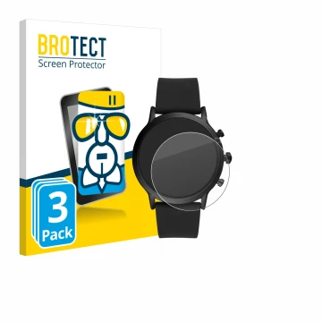 Face avant d’un emballage produit avec le logo de la marque BROTECT. À côté, l’appareil Fossil The Carlyle HR (5.Gen) est repr