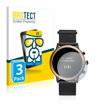Face avant d’un emballage produit avec le logo de la marque BROTECT. À côté, l’appareil Fossil Julianna HR (5.Gen) est représe