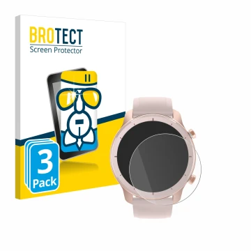Face avant d’un emballage produit avec le logo de la marque BROTECT. À côté, l’appareil Huami Amazfit GTR (42 mm) est représen