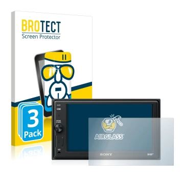 Face avant d’un emballage produit avec le logo de la marque BROTECT. À côté, l’appareil Sony XAV-AX1005DB est représenté avec 