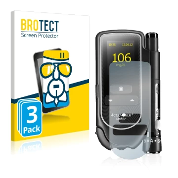 Face avant d’un emballage produit avec le logo de la marque BROTECT. À côté, l’appareil Accu-Chek Mobile est représenté avec l