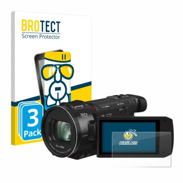 Face avant d’un emballage produit avec le logo de la marque BROTECT. À côté, l’appareil Panasonic HC-VXF11 est représenté avec