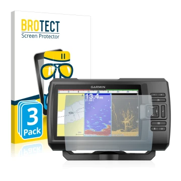 Face avant d’un emballage produit avec le logo de la marque BROTECT. À côté, l’appareil Garmin Striker Plus 9sv est représenté