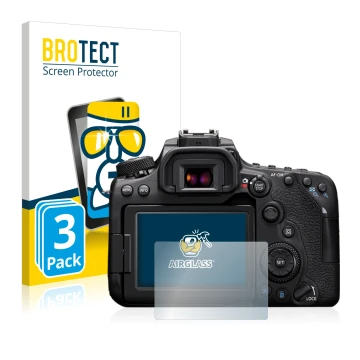 Face avant d’un emballage produit avec le logo de la marque BROTECT. À côté, l’appareil Canon EOS 90D est représenté avec la p