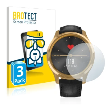 Face avant d’un emballage produit avec le logo de la marque BROTECT. À côté, l’appareil Garmin vivomove Luxe (42 mm) est repré