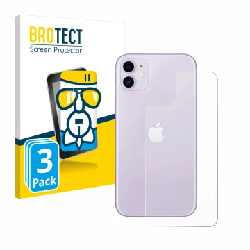 Face avant d’un emballage produit avec le logo de la marque BROTECT. À côté, l’appareil Apple iPhone 11 (Arrière) est représen