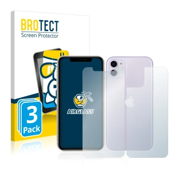 Face avant d’un emballage produit avec le logo de la marque BROTECT. À côté, l’appareil Apple iPhone 11 (Avant+Arrière) est re