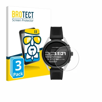 Face avant d’un emballage produit avec le logo de la marque BROTECT. À côté, l’appareil Emporio Armani Connected Smartwatch 3 