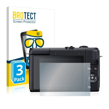 Face avant d’un emballage produit avec le logo de la marque BROTECT. À côté, l’appareil Canon EOS M200 est représenté avec la 