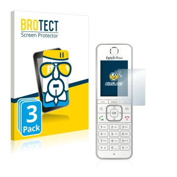 Face avant d’un emballage produit avec le logo de la marque BROTECT. À côté, l’appareil AVM Fritz!Fon C6 est représenté avec l