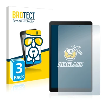 Face avant d’un emballage produit avec le logo de la marque BROTECT. À côté, l’appareil Samsung Galaxy Tab A 10.1 LTE 2019 est