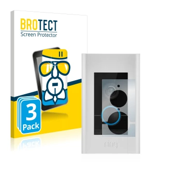 Face avant d’un emballage produit avec le logo de la marque BROTECT. À côté, l’appareil Ring Video Doorbell Elite est représen