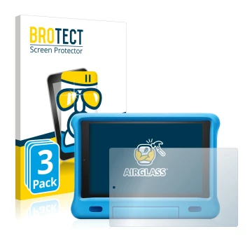 Face avant d’un emballage produit avec le logo de la marque BROTECT. À côté, l’appareil Amazon Fire HD 10 Kids 2019 (9ème Gen.