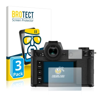 Face avant d’un emballage produit avec le logo de la marque BROTECT. À côté, l’appareil Leica SL2 est représenté avec la prote