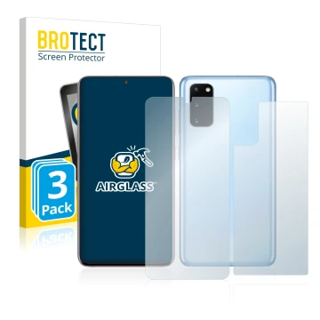 Face avant d’un emballage produit avec le logo de la marque BROTECT. À côté, l’appareil Samsung Galaxy S20 (Avant+Arrière) est