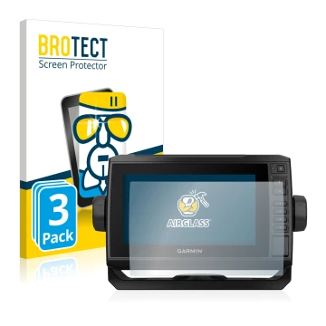 Face avant d’un emballage produit avec le logo de la marque BROTECT. À côté, l’appareil Garmin ECHOMAP UHD 72cv est représenté
