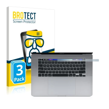 Face avant d’un emballage produit avec le logo de la marque BROTECT. À côté, l’appareil Apple MacBook Pro 16
