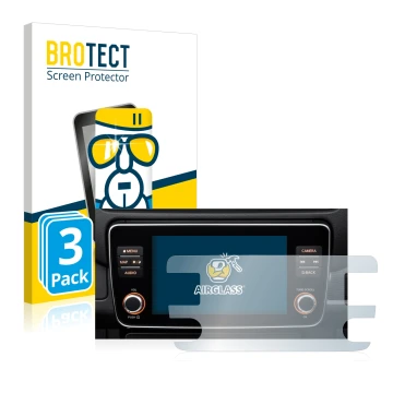 Face avant d’un emballage produit avec le logo de la marque BROTECT. À côté, l’appareil Nissan Leaf E Plus Infotainment System