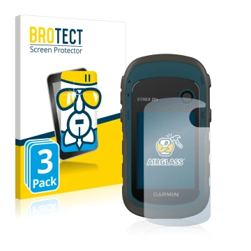 Face avant d’un emballage produit avec le logo de la marque BROTECT. À côté, l’appareil Garmin eTrex 22x est représenté avec l