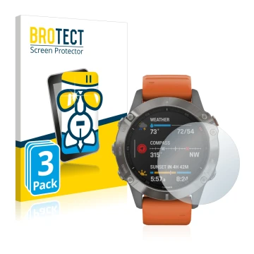 Face avant d’un emballage produit avec le logo de la marque BROTECT. À côté, l’appareil Garmin Fenix 6 est représenté avec la 