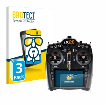 Face avant d’un emballage produit avec le logo de la marque BROTECT. À côté, l’appareil Spektrum iX20 est représenté avec la p