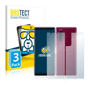 Face avant d’un emballage produit avec le logo de la marque BROTECT. À côté, l’appareil Sony Xperia 5 (Avant+Arrière) est repr