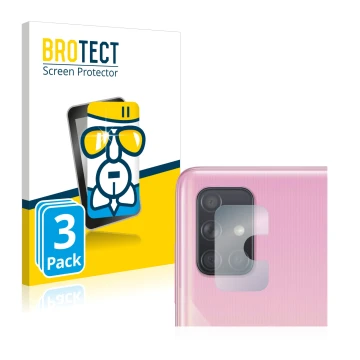 Face avant d’un emballage produit avec le logo de la marque BROTECT. À côté, l’appareil Samsung Galaxy A71 (Caméra UNIQUEMENT)