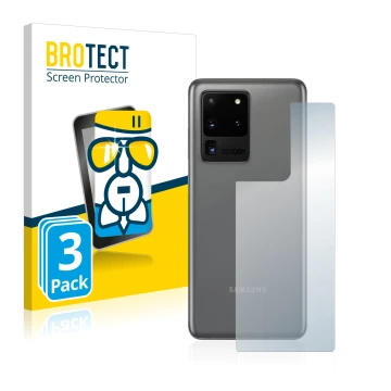 Face avant d’un emballage produit avec le logo de la marque BROTECT. À côté, l’appareil Samsung Galaxy S20 Ultra (Arrière) est