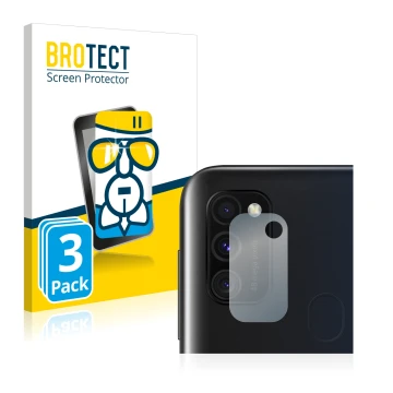 Face avant d’un emballage produit avec le logo de la marque BROTECT. À côté, l’appareil Samsung Galaxy M30s (Caméra UNIQUEMENT