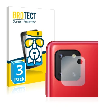 Face avant d’un emballage produit avec le logo de la marque BROTECT. À côté, l’appareil Samsung Galaxy Note 10 Lite (Caméra UN