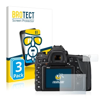 Face avant d’un emballage produit avec le logo de la marque BROTECT. À côté, l’appareil Nikon D780 est représenté avec la prot