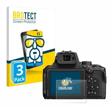 Face avant d’un emballage produit avec le logo de la marque BROTECT. À côté, l’appareil Nikon Coolpix P950 est représenté avec
