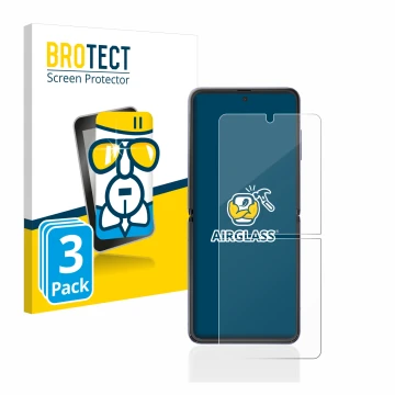 Face avant d’un emballage produit avec le logo de la marque BROTECT. À côté, l’appareil Samsung Galaxy Z Flip est représenté a