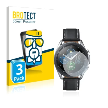 Face avant d’un emballage produit avec le logo de la marque BROTECT. À côté, l’appareil Samsung Galaxy Watch 3 (41mm) est repr