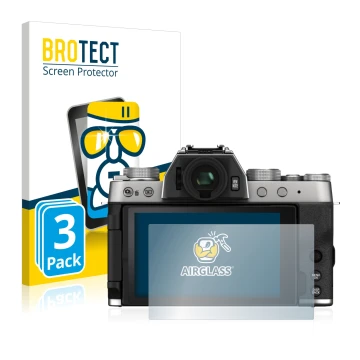 Face avant d’un emballage produit avec le logo de la marque BROTECT. À côté, l’appareil Fujifilm X-T200 est représenté avec la