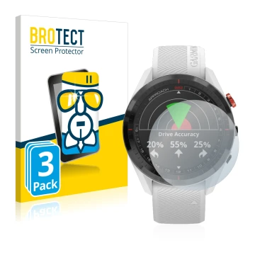 Face avant d’un emballage produit avec le logo de la marque BROTECT. À côté, l’appareil Garmin Approach S62 est représenté ave