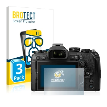Face avant d’un emballage produit avec le logo de la marque BROTECT. À côté, l’appareil Olympus OM-D E-M1 Mark III est représe