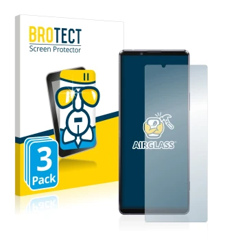 Face avant d’un emballage produit avec le logo de la marque BROTECT. À côté, l’appareil Sony Xperia 1 II est représenté avec l