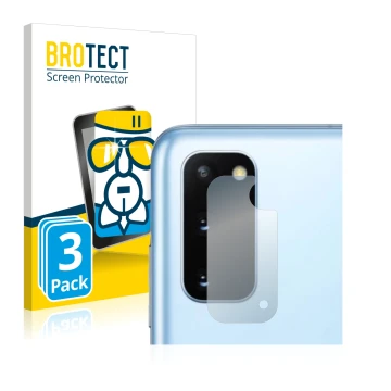 Face avant d’un emballage produit avec le logo de la marque BROTECT. À côté, l’appareil Samsung Galaxy S20 5G (Caméra UNIQUEME