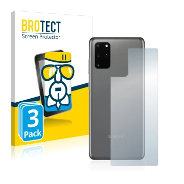 Face avant d’un emballage produit avec le logo de la marque BROTECT. À côté, l’appareil Samsung Galaxy S20 Plus 5G (Arrière) e